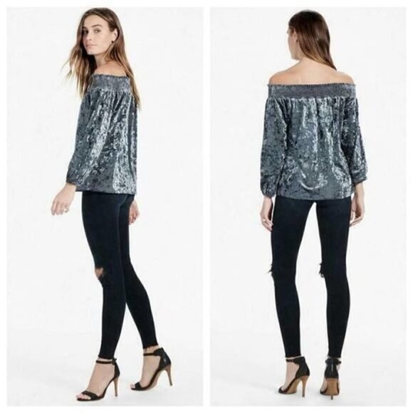 Lucky Brand Blue Velour Velvet Off Shoulder Long Sleeve Blouse XS - Picture 1 of 4